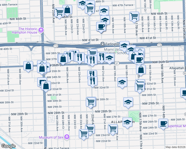 map of restaurants, bars, coffee shops, grocery stores, and more near 3400 Northwest 22nd Avenue in Miami