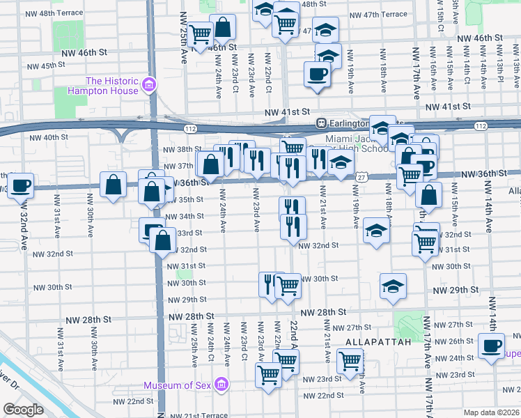 map of restaurants, bars, coffee shops, grocery stores, and more near 2261 Northwest 34th Street in Miami