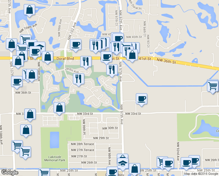 map of restaurants, bars, coffee shops, grocery stores, and more near 3733 Alcantara Avenue in Doral