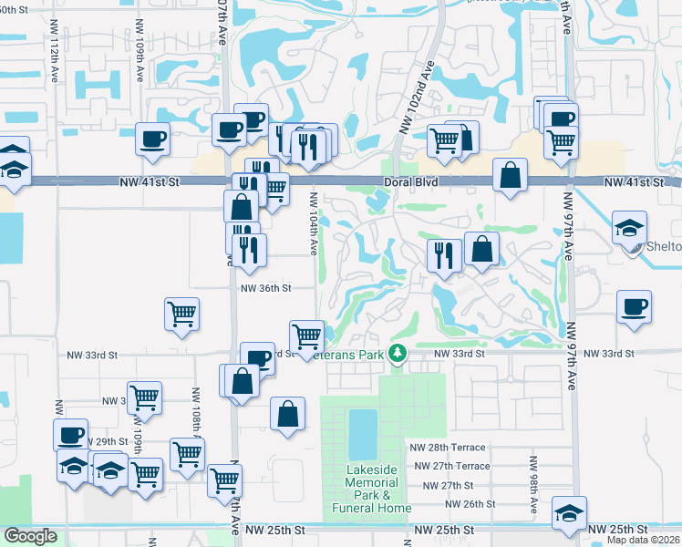 map of restaurants, bars, coffee shops, grocery stores, and more near 3693 Estepona Avenue in Doral