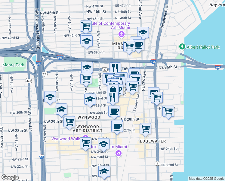 map of restaurants, bars, coffee shops, grocery stores, and more near 31 Northwest 33rd Street in Miami