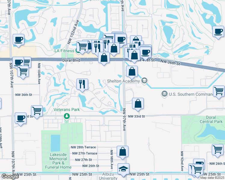 map of restaurants, bars, coffee shops, grocery stores, and more near 3733 Alcantara Avenue in Doral