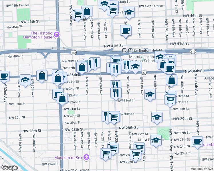 map of restaurants, bars, coffee shops, grocery stores, and more near 2261 Northwest 34th Street in Miami