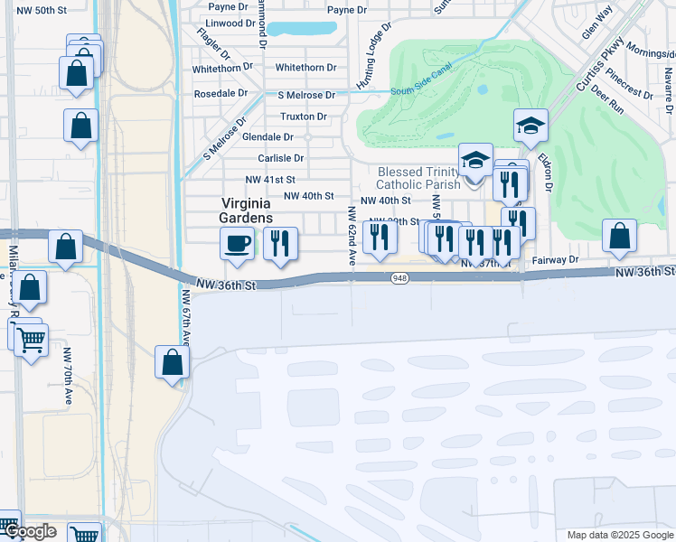 map of restaurants, bars, coffee shops, grocery stores, and more near 6221 Florida 948 in Virginia Gardens