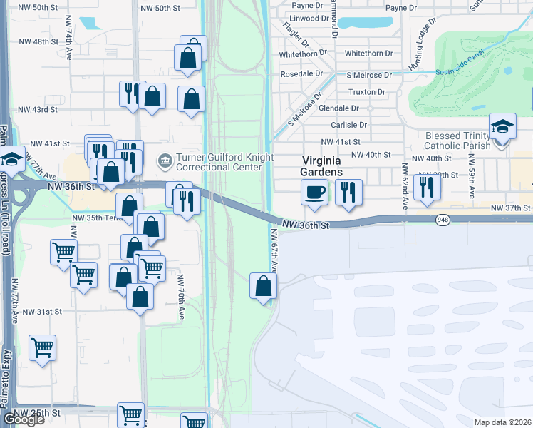 map of restaurants, bars, coffee shops, grocery stores, and more near 6650-6680 Northwest 36th Street in Miami