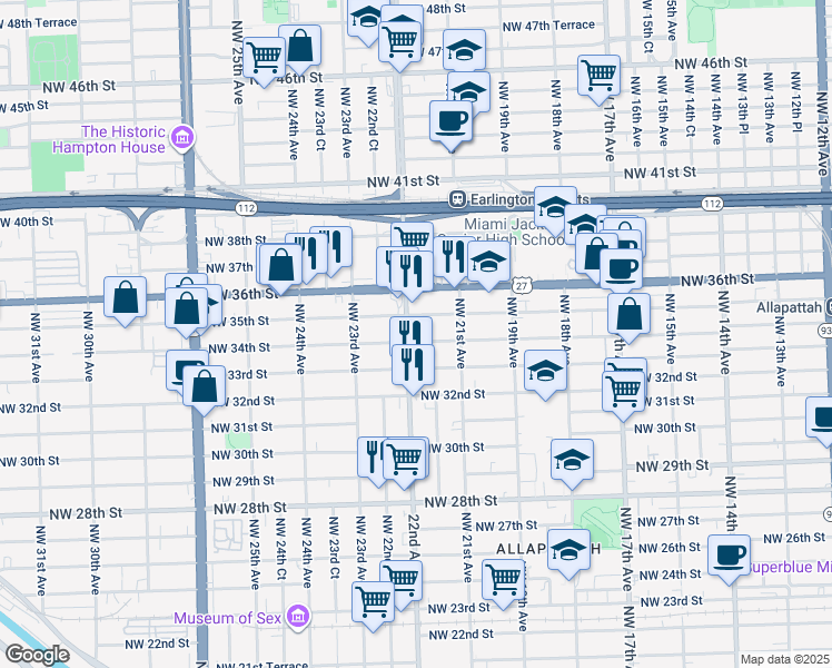 map of restaurants, bars, coffee shops, grocery stores, and more near 3400 Northwest 22nd Avenue in Miami