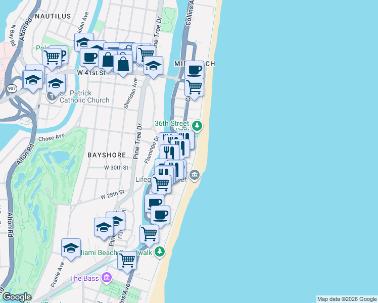 map of restaurants, bars, coffee shops, grocery stores, and more near 3201 Collins Avenue in Miami Beach