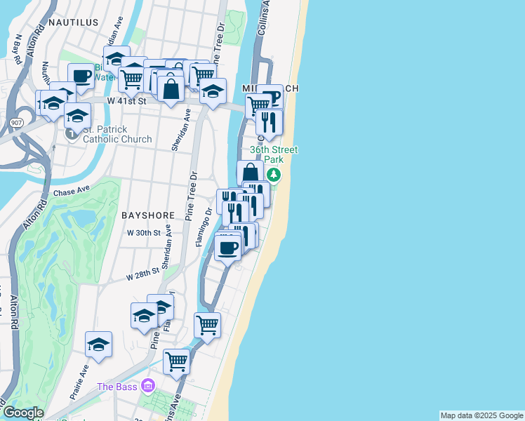 map of restaurants, bars, coffee shops, grocery stores, and more near 3315 Collins Avenue in Miami Beach