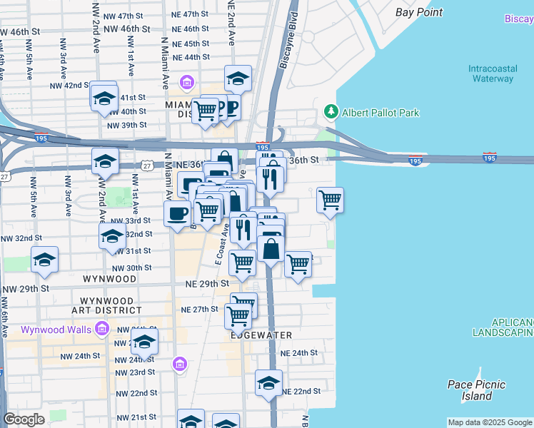 map of restaurants, bars, coffee shops, grocery stores, and more near Biscayne Blvd & NE 33rd St in Miami