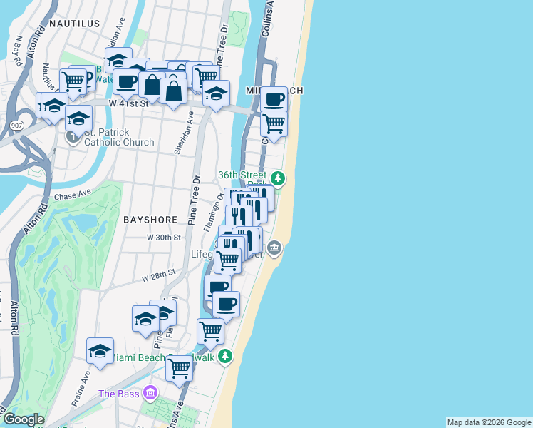 map of restaurants, bars, coffee shops, grocery stores, and more near 3201 Collins Avenue in Miami Beach