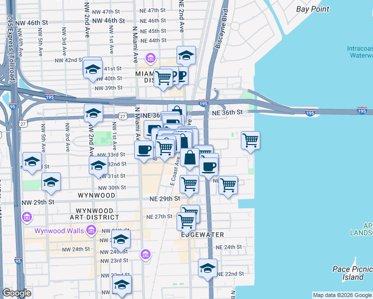 map of restaurants, bars, coffee shops, grocery stores, and more near 3232 Northeast 2nd Avenue in Miami