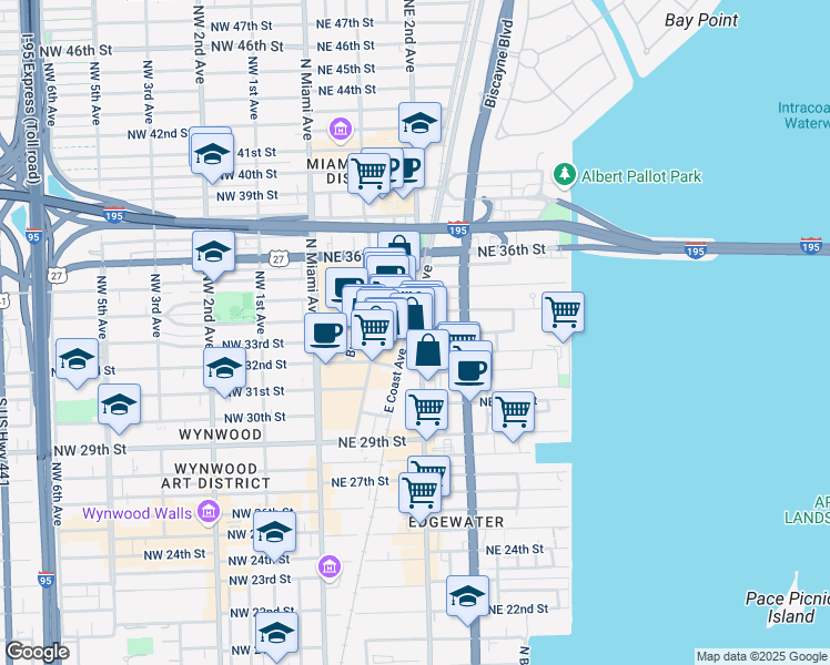 map of restaurants, bars, coffee shops, grocery stores, and more near 3232 Northeast 2nd Avenue in Miami