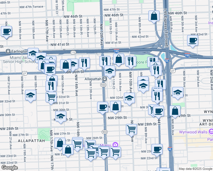 map of restaurants, bars, coffee shops, grocery stores, and more near in Miami
