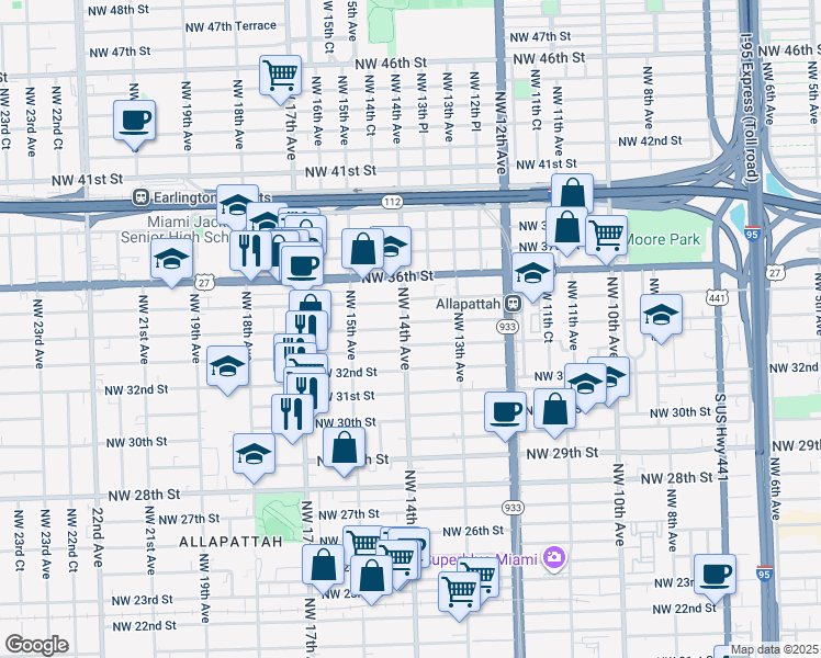 map of restaurants, bars, coffee shops, grocery stores, and more near 3320 Northwest 14th Avenue in Miami
