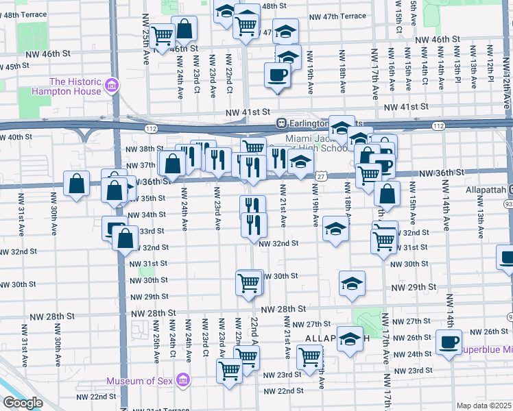 map of restaurants, bars, coffee shops, grocery stores, and more near 3400 Northwest 22nd Avenue in Miami