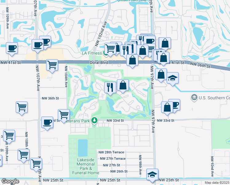 map of restaurants, bars, coffee shops, grocery stores, and more near 3644 Alcantara Avenue in Doral