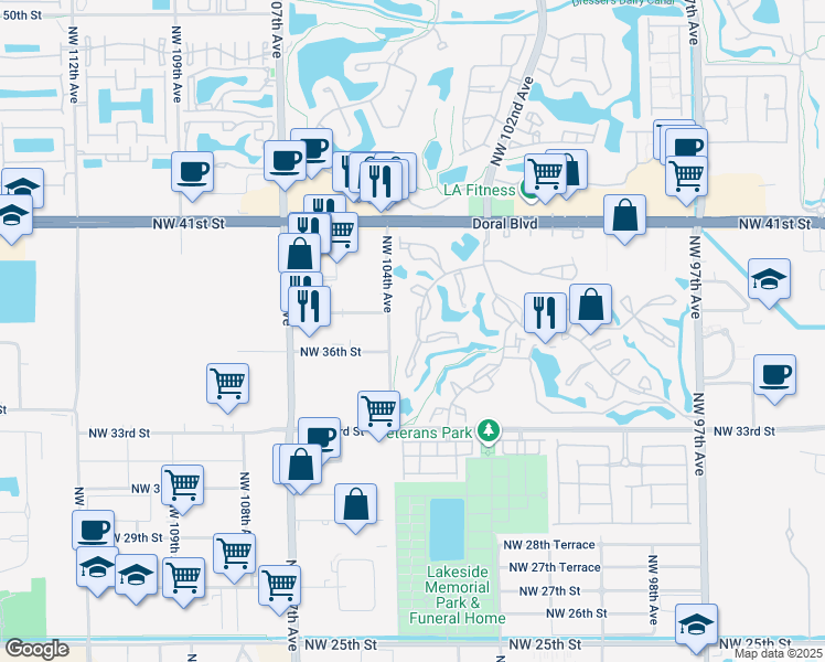 map of restaurants, bars, coffee shops, grocery stores, and more near 3693 Estepona Avenue in Doral