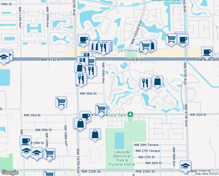 map of restaurants, bars, coffee shops, grocery stores, and more near 3693 Estepona Avenue in Doral