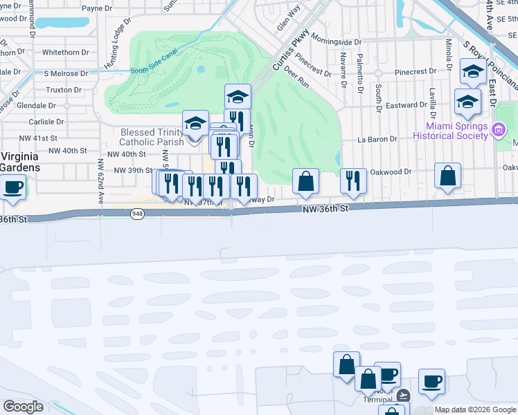 map of restaurants, bars, coffee shops, grocery stores, and more near 5575 Florida 948 in Miami Springs
