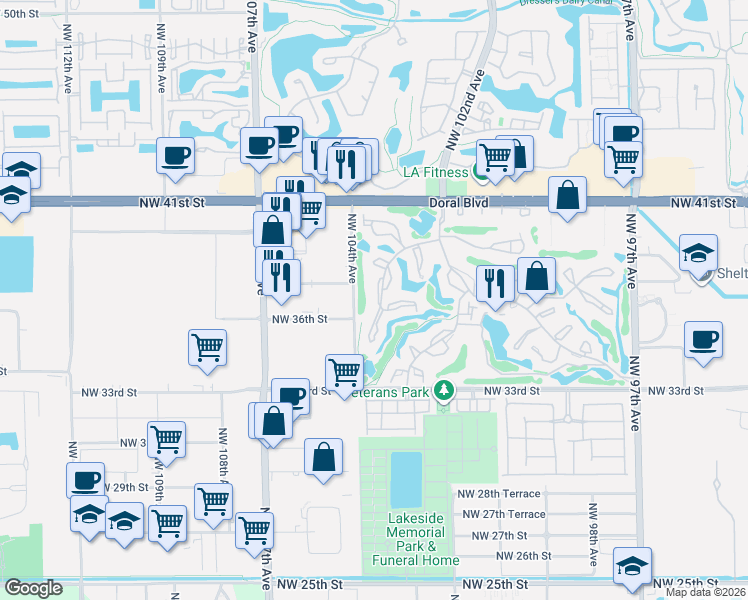 map of restaurants, bars, coffee shops, grocery stores, and more near 3693 Estepona Avenue in Doral