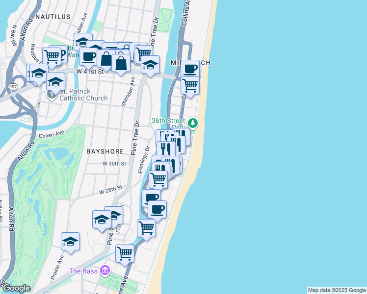 map of restaurants, bars, coffee shops, grocery stores, and more near 3315 Collins Avenue in Miami Beach