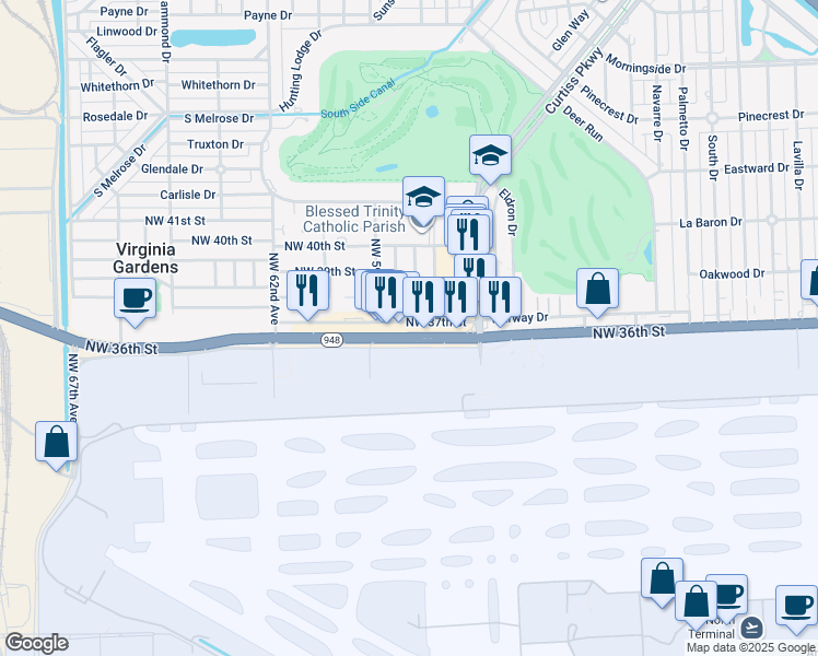 map of restaurants, bars, coffee shops, grocery stores, and more near 5825 Northwest 36th Street in Virginia Gardens