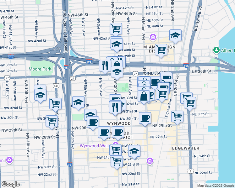 map of restaurants, bars, coffee shops, grocery stores, and more near 3327 Northwest 2nd Avenue in Miami