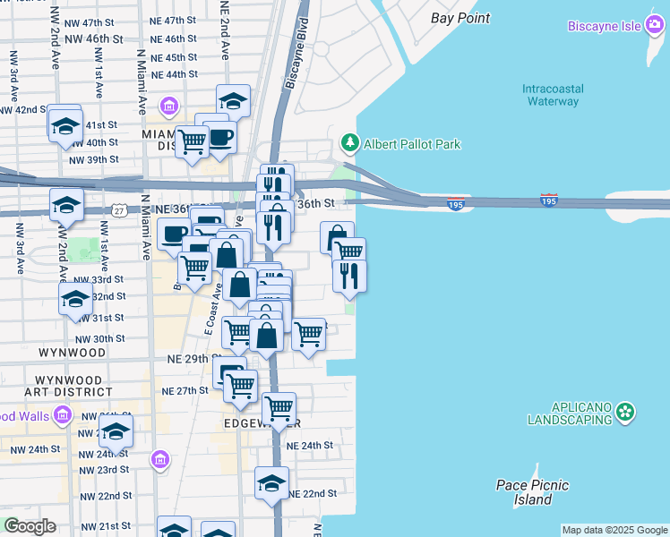 map of restaurants, bars, coffee shops, grocery stores, and more near 3301 Northeast 5th Avenue in Miami