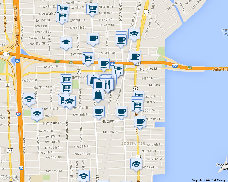 map of restaurants, bars, coffee shops, grocery stores, and more near 3250 Northeast 1st Avenue in Miami