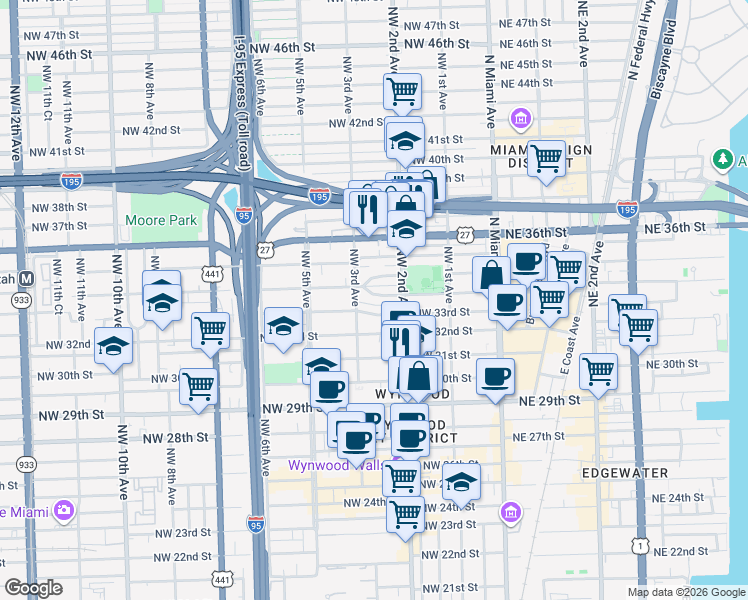 map of restaurants, bars, coffee shops, grocery stores, and more near 259 Northwest 33rd Street in Miami