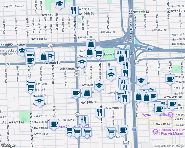 map of restaurants, bars, coffee shops, grocery stores, and more near 1065 Northwest 33rd Street in Miami