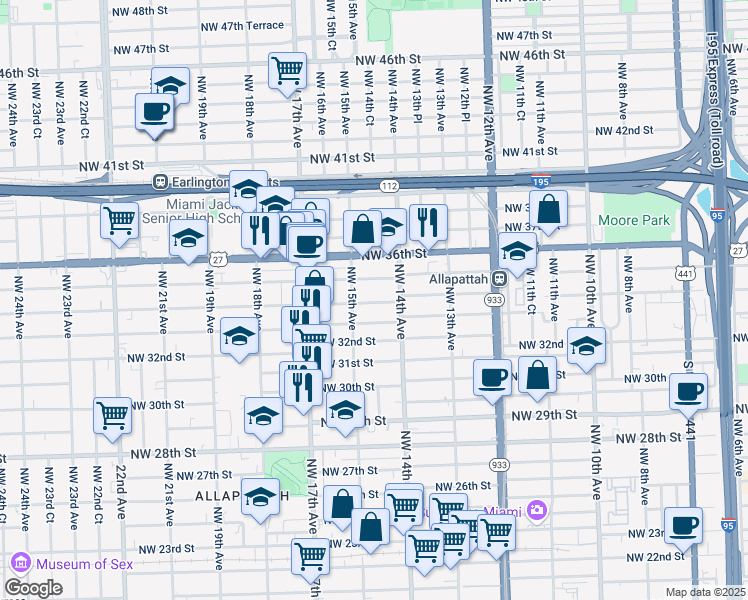 map of restaurants, bars, coffee shops, grocery stores, and more near 1490 Northwest 34th Street in Miami