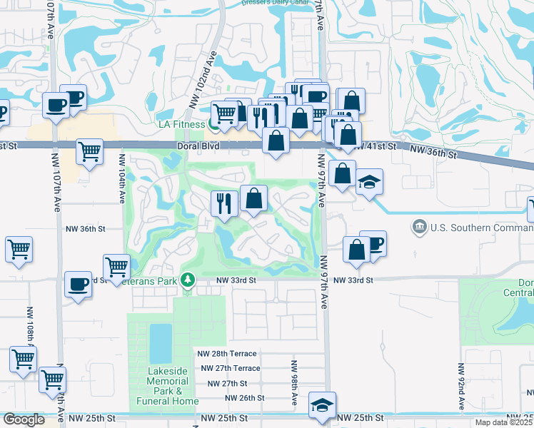 map of restaurants, bars, coffee shops, grocery stores, and more near 9925 Costa Del Sol Boulevard in Doral