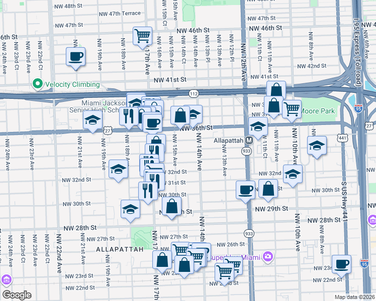 map of restaurants, bars, coffee shops, grocery stores, and more near 3320 Northwest 14th Avenue in Miami