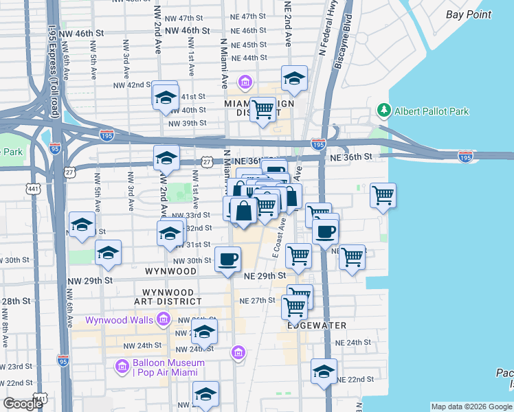 map of restaurants, bars, coffee shops, grocery stores, and more near 3250 Northeast 1st Avenue in Miami