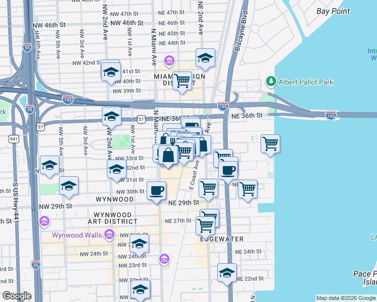 map of restaurants, bars, coffee shops, grocery stores, and more near 3250 Northeast 1st Avenue in Miami