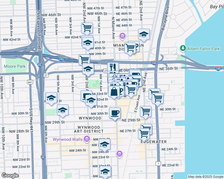 map of restaurants, bars, coffee shops, grocery stores, and more near 31 Northwest 33rd Street in Miami