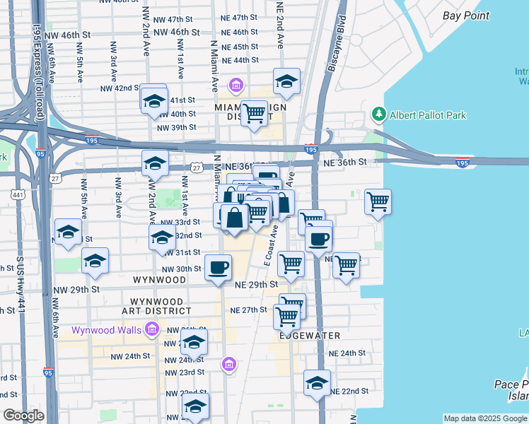 map of restaurants, bars, coffee shops, grocery stores, and more near 3250 Northeast 1st Avenue in Miami