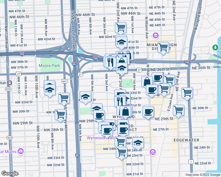 map of restaurants, bars, coffee shops, grocery stores, and more near 259 Northwest 33rd Street in Miami