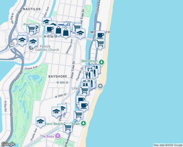 map of restaurants, bars, coffee shops, grocery stores, and more near 340 33rd Street in Miami Beach