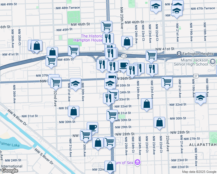 map of restaurants, bars, coffee shops, grocery stores, and more near 2727 Northwest 34th Street in Miami
