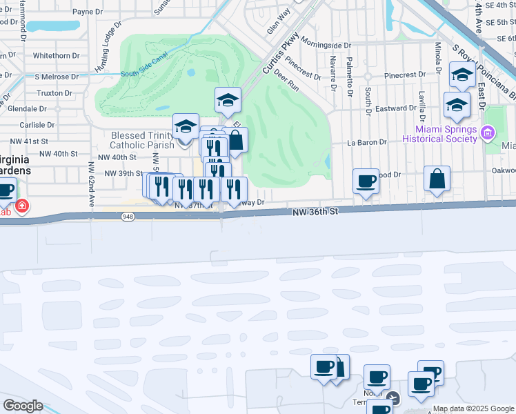 map of restaurants, bars, coffee shops, grocery stores, and more near 5575 Florida 948 in Miami Springs