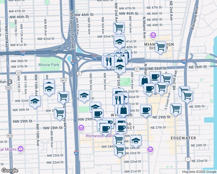 map of restaurants, bars, coffee shops, grocery stores, and more near 268 Northwest 34th Street in Miami