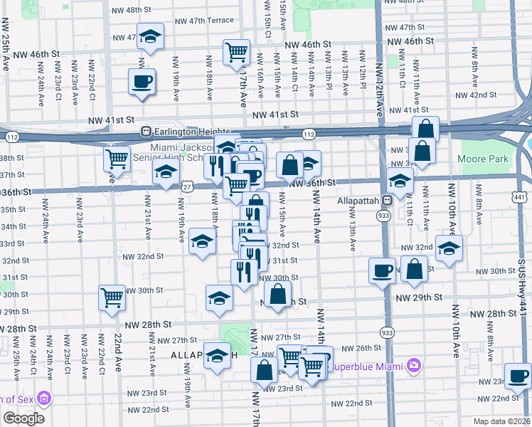 map of restaurants, bars, coffee shops, grocery stores, and more near 1560 Northwest 34th Street in Miami