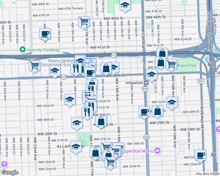map of restaurants, bars, coffee shops, grocery stores, and more near 1490 Northwest 34th Street in Miami