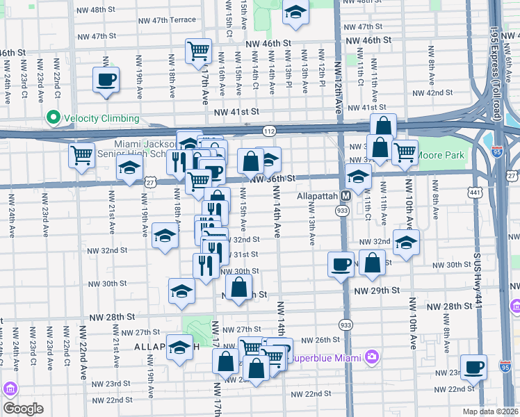 map of restaurants, bars, coffee shops, grocery stores, and more near 1490 Northwest 34th Street in Miami