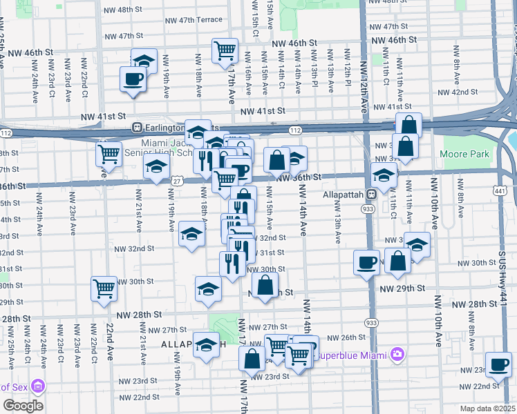 map of restaurants, bars, coffee shops, grocery stores, and more near 1560 Northwest 34th Street in Miami