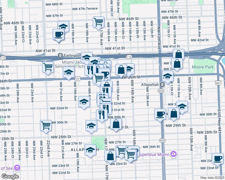 map of restaurants, bars, coffee shops, grocery stores, and more near 1560 Northwest 34th Street in Miami
