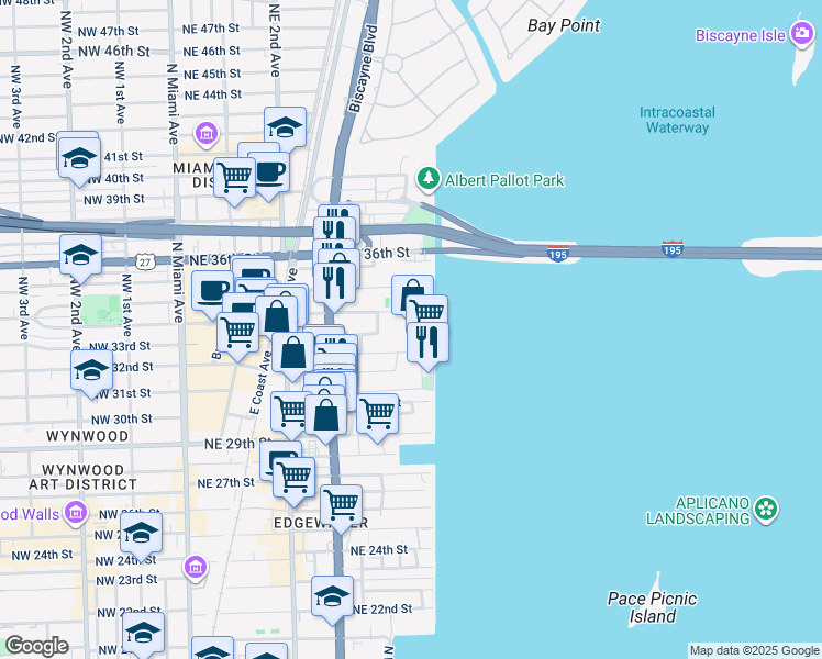 map of restaurants, bars, coffee shops, grocery stores, and more near 475 Northeast 32nd Street in Miami