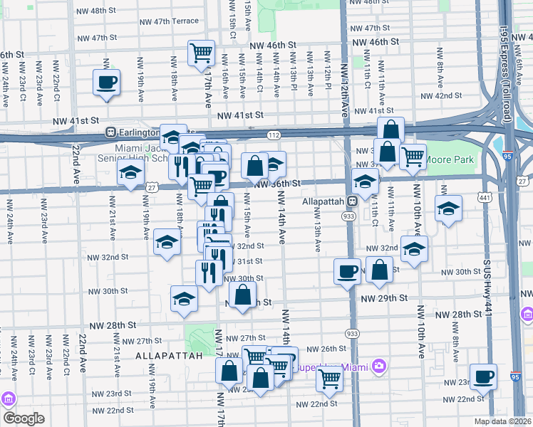 map of restaurants, bars, coffee shops, grocery stores, and more near 3320 Northwest 14th Avenue in Miami